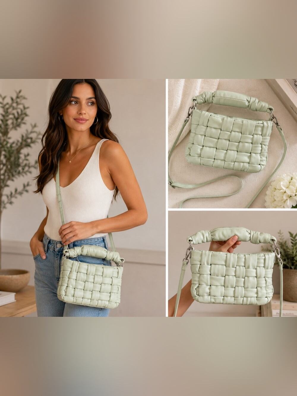 Mint Green Woven Crossbody Mini Bag Top Handle Faux Leather Purse